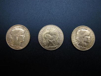 null Trois monnaies de 20 Francs or, années 1907, 1908 et 1912. Poids : 19,4 g. 