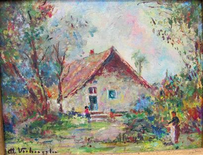 null Charles-Henri VERBRUGGHE (1877-1974)
Chaumière et paysannes, huile sur panneau...
