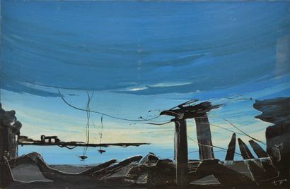 null ALDINE, né en 1917, Paysage fantastique, 1972, peinture sur toile (salissures...