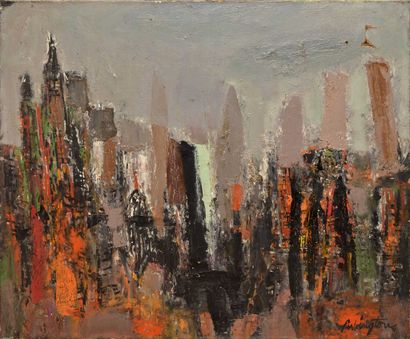 null Attribué à RUBINGTON Norman (1921-1991).Les gratte-ciels, 8-55.
huile sur toile...