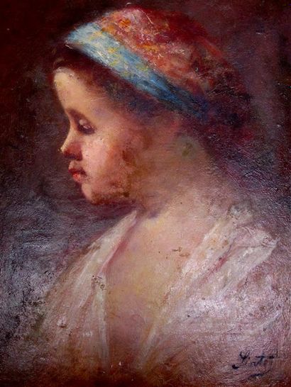 null SINTES Joseph (1829-1913). Portrait de jeune fille au turban de profil. Huile...