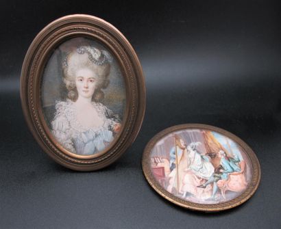 null Deux miniatures dans le goût du XVIII°Siècle : l'une ovale représentant une...
