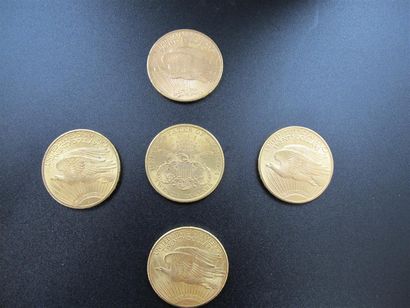  Cinq monnaies en or de 20 Dollars, Etats-Unis, années 1897, 1922, 1924 (x3). 
