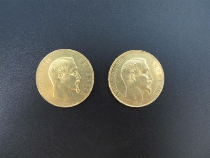 null Deux monnaies de 50 Francs or, Napoléon III Empereur, tête nue, année 1857....