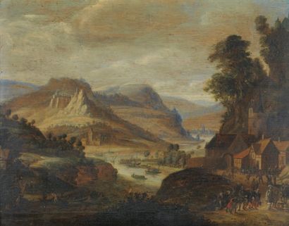 Attribué à Herman SAFTLEVEN (vers 1609 - 1685) "Paysage de la vallée du Rhin" Panneau...