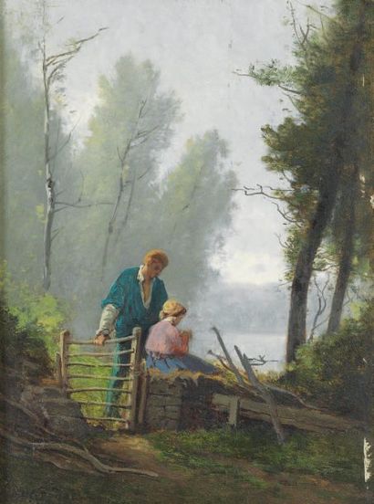 Charles DONZEL (1824-1889) "Conversation intime au bord d'un lac" Huile sur panneau...