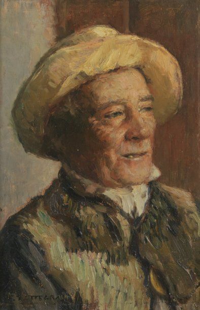Francis TATTEGRAIN (1852-1915) "Portrait d'homme au chapeau" Huile sur panneau signé...