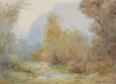 Louis Noel AGERON (1865-1935) "Sous bois au pied d'une montagne" Aquarelle signée...