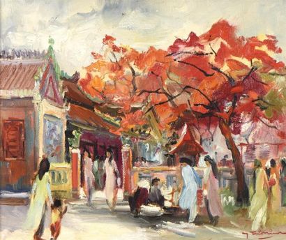 null Nguyen Tri Minh (1924-2010).
Flamboyants devant un temple de Saïgon.
Huile sur...