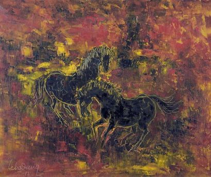null Dang LEBADANG (1921-2015). Chevaux noirs sur fond rouge. Huile sur toile encadrée,...