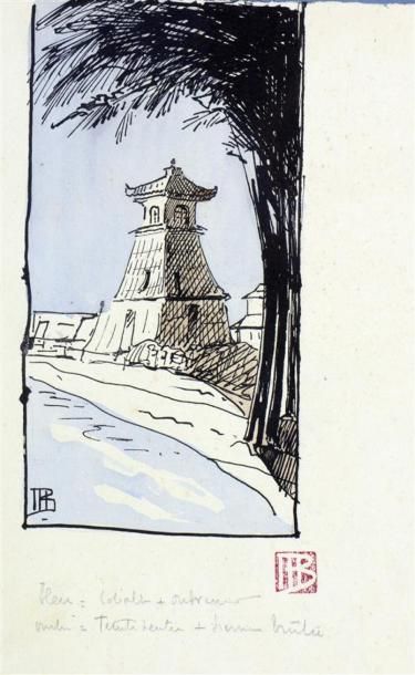 null Marcel BERNANOSE (1884-1952). Tour pagode en bord de rivière. Encre de Chine...