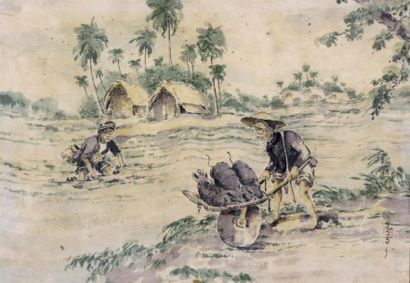 null Couple de paysans dans une rizière au Tonkin. Peinture sur soie marouflée sur...