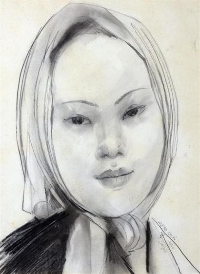null Marie-Antoinette BOULLARD-DEVE (1890-1970). Portrait de femme au fichu. Crayon...