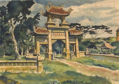 null Ecole française des peintres voyageurs d'Indochine (début du XXe siècle). Temple...