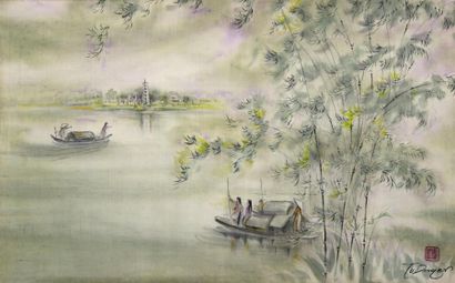null TU DUYEN (1915-2012)
Petit Lac de Hanoï.
Aquarelle sur soie encadrée signée...