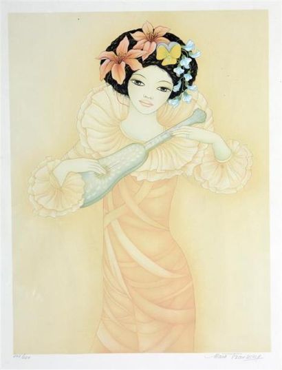 null MARA TRAN LONG (1935). Portrait de femme au lotus. Huile sur carton fort encadrée...