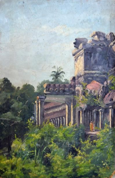 null Suzanne Depincé (XIX/XXe siècle).
Ruines d'Angkor, le matin.
Huile sur carton...
