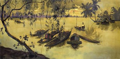 null Doan Giap Vo (1919/XXe). Attrib.à
Paysage d'Indochine : Les sampans du Mékong...