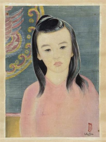 null TRAN VAN THO. (1917-?)
Portrait de jeune fille. Vers 1950.
Peinture sur soie...