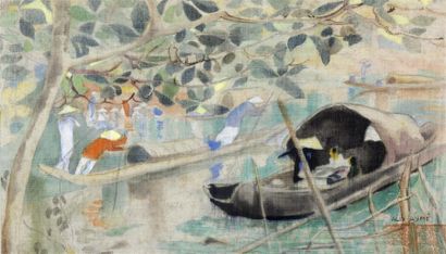 null Alix AYME (1894-1989). Sampans sur la rivière. Aquarelle et encre sur soie encadrée...