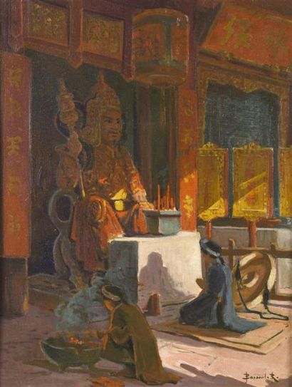 null René Bassouls (1877/XXe)
Prière dans le temple.
Huile sur toile encadrée signée...