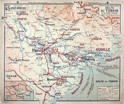 null 1935
Indochine du Nord / Delta du Tonkin, carte scolaire murale Vidal-Lablache...