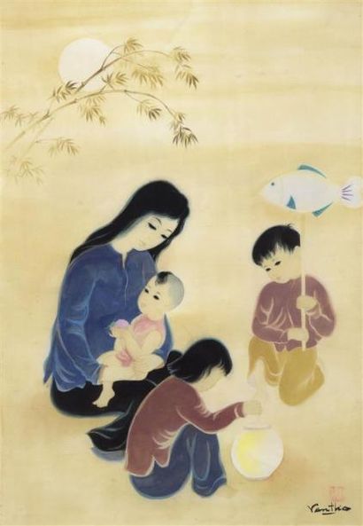 null TRAN VAN THO. Tran Van Tho (1917-XX)
Femmes et enfants. Peinture sur soie encadrée...