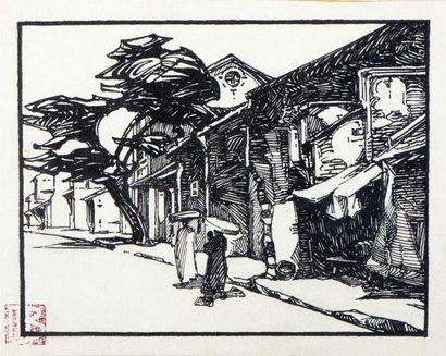 null Marcel BERNANOSE (1884-1952). Hanoï, scène de rue. Encre de Chine sur papier...