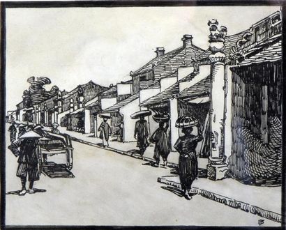 null Marcel BERNANOSE (1884-1952). Hanoï, scène de rue. Encre de Chine sur papier...