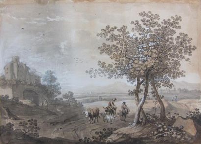 null Ecole allemande du début du XIXème siècle.
Paysage italien animé.
Encre noire,...