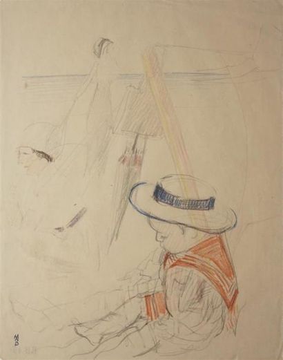  Maurice DENIS (1870-1943).
L'enfant sur la plage.
Dessin aux crayons de couleur,... Gazette Drouot
