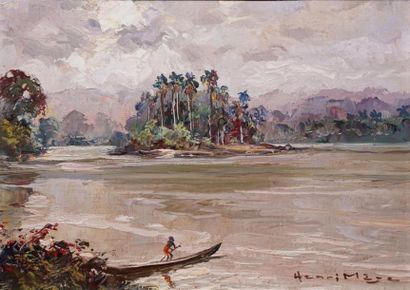 null Henri MEGE (1904-1984).
Pirogue sur un fleuve en Guyane française, Amérique...