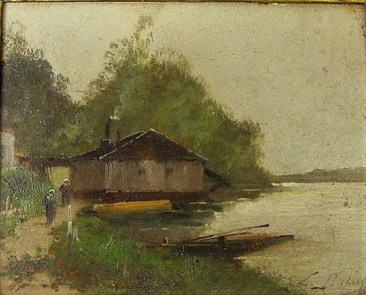 null Eugène GALIEN-LALOUE (1854-1941).
Bord de rivière animé.
Huile sur panneau encadrée...