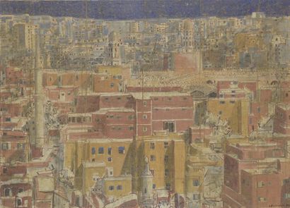 null Gérard CHARRUAU (1953).
Vue du Caire.
Acrylique et papier sur toile, signée...