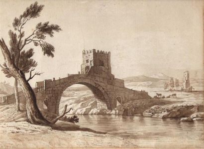 null Ecole française du XVIIIème siècle.
Vue du pont Salaro.
Encre noire et lavis...