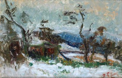 null Joseph LE TESSIER (1867-1949) Paysage de neige Huile sur panneau. Signée en...