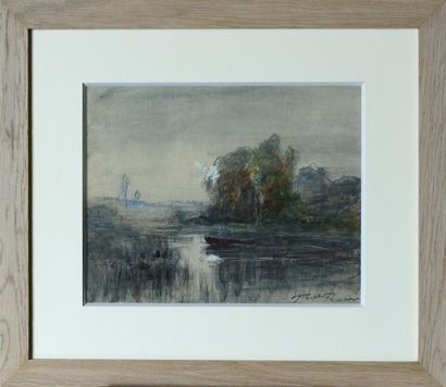 null François-Auguste RAVIER (1814-1895) Barque sur l'étang de Morestel Aquarelle...