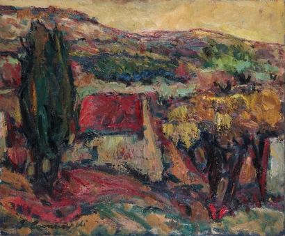 null François LOMBARDI (1925-1996) Maison au toit rouge et cyprès Huile sur toile....