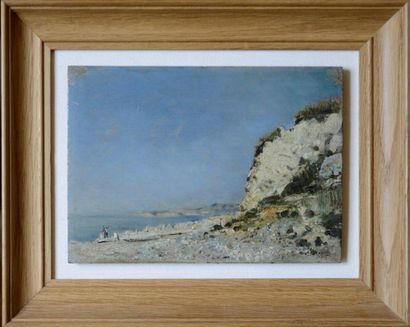 null Henri DANGER (1857-1937) Pécheurs en bord de falaise à Honfleur Huile sur panneau....
