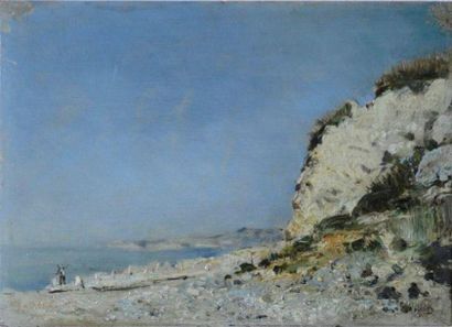 null Henri DANGER (1857-1937) Pécheurs en bord de falaise à Honfleur Huile sur panneau....