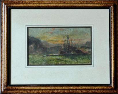 null François-Auguste RAVIER (1814-1895) Morestel au soleil couchant Aquarelle et...