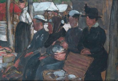 null Gustave PIERRE (1875-1939) Scène de marché en Bretagne Huile sur carton. Signée...
