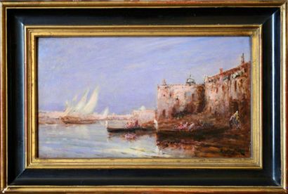 null Edouard DUFEU (1836-1900) Vue de la lagune à Venise Huile sur panneau d'acajou....