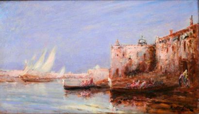 null Edouard DUFEU (1836-1900) Vue de la lagune à Venise Huile sur panneau d'acajou....