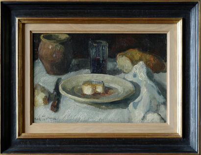 null Roger TOLMER (1908-1988) Nature morte au fromage Huile sur carton. Signée en...