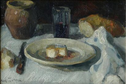 null Roger TOLMER (1908-1988) Nature morte au fromage Huile sur carton. Signée en...