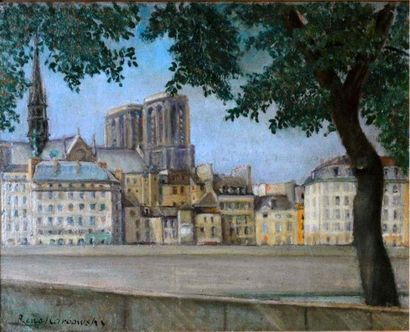 null René KARBOWSKY (1883-?) Vue de Notre-Dame du quai de la Mégisserie Huile sur...