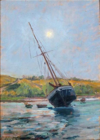 null Paul-Emile LECOMTE (1877-1950) Bateau à marée basse Huile sur panneau. Signée...