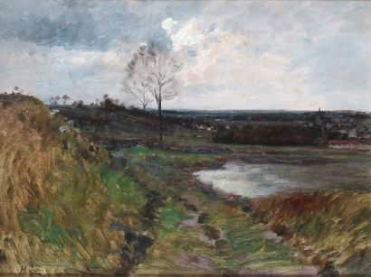 null Henri ZUBER (1844-1909) Paysage à l'étang Huile sur panneau. Monogrammée en...