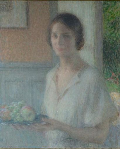 null Ernest LAURENT (1859-1929) Jeune femme portant une assiette de fruits Huile...